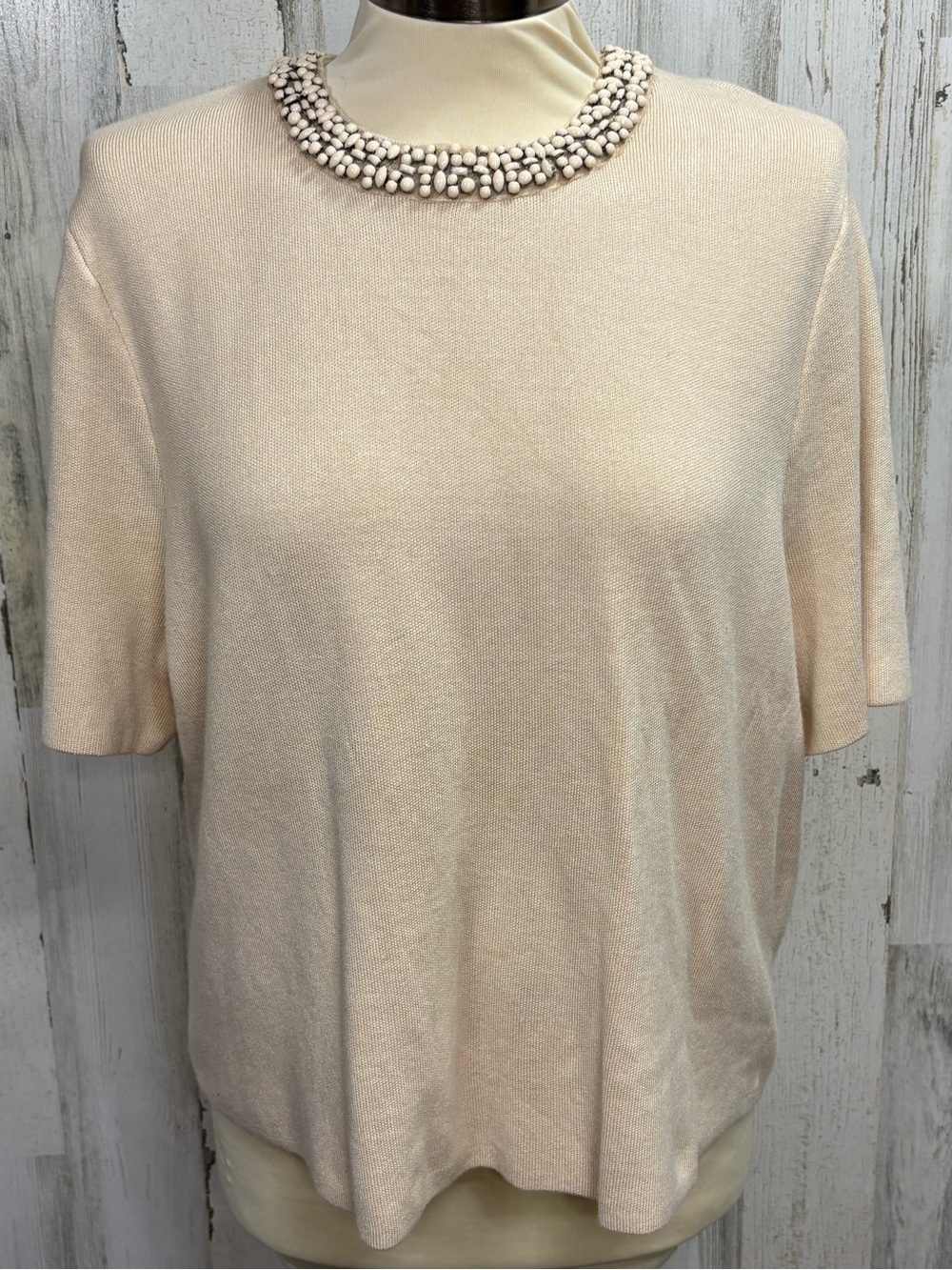 Marled Cream Beaded Neck‎ Short-Sleeve Knit Top